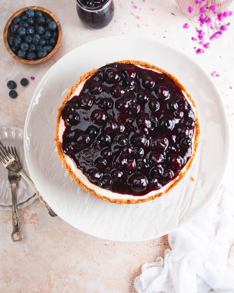 No-Bake Vanilla Cheesecake with Blueberry Compote