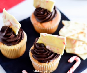 Chocolate Frosted Yellow Cupcake with White Chocolate Candy Cane Bark