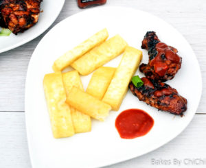 Fried Yam with Sweet and Spicy Barbecue Chicken