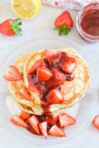 Fluffy Lemon Pancakes with Strawberry Sauce