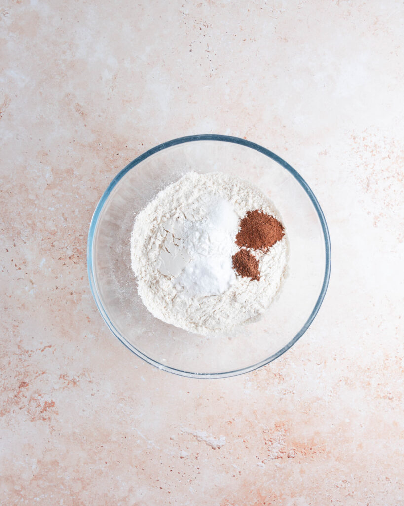 Flour, baking soda, baking powder, salt, cinnamon and nutmeg